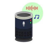 Smart speaker with voice command and music Icon,the smart speaker is depicted with a microphone symbol, indicating voice recognition capabilities, and has two indicator lights, one red and one green. vector