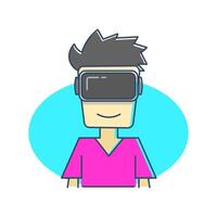 A character wears a virtual reality VR headset. This character has spiky hair and wears a pink shirt. Her facial expression shows enjoyment and involvement in the virtual world. vector