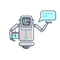 The healthcare assistant robot is equipped with a stethoscope, display, and interactive robotic hand, as well as holding a medical kit. demonstrating functionality in a healthcare environment vector
