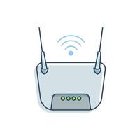 WiFi router with two antennas and signal icon on it, showing wireless connectivity. The router has four green indicator lights on its front panel. suitable for technology-related content. vector