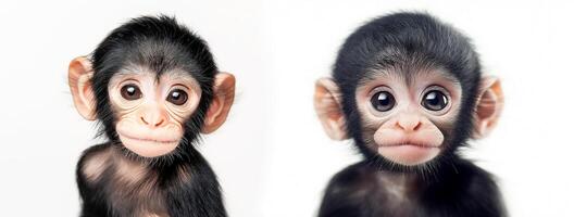 Cute baby monkeys showing playful expressions in a studio photo