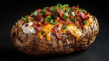 Loaded baked potato with bacon, cheese, and chives photo