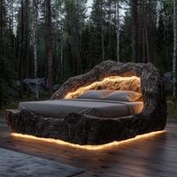 Unique tree trunk bed with glowing lights in a forest setting photo