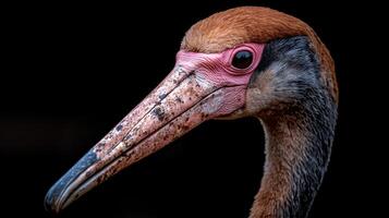 Close up portrait of a bird with a long beak and reddish brown feathers photo