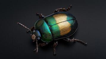 Closeup of a vibrant iridescent beetle with gold and green colors photo