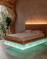 Unique floating bed with backlit onyx base in a cave bedroom photo