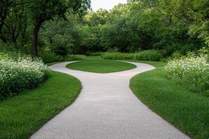 A tranquil garden path splits into two, offering a choice of directions photo