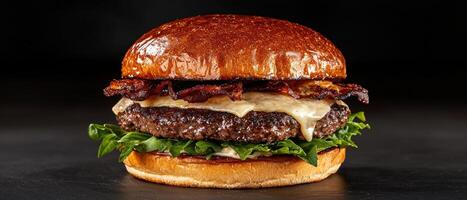a hamburger with bacon and lettuce on a black background photo