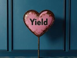 Rustic heart shaped yield sign on a dark blue wall photo