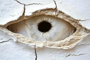 Close up of an eye peering through a cracked wall photo