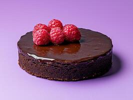 a chocolate cake with raspberries on top of it photo