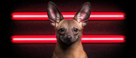 Cute puppy with big ears in front of red neon lights photo