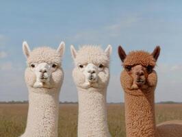 Three alpacas looking at the camera in a field photo