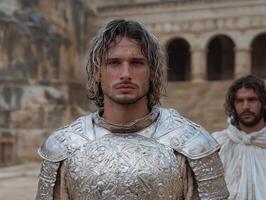Medieval knight in shining armor stands in front of ancient ruins photo