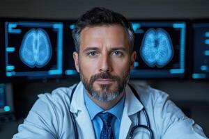 Serious doctor looking at brain scan on monitors photo