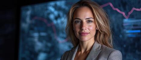 Confident futuristic businesswoman looking at financial data on screen photo