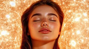 Closeup of a womans face with eyes closed, glowing skin, and freckles, against a cosmic background photo