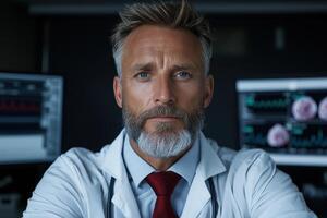Portrait of a serious doctor in his office with screens behind him photo