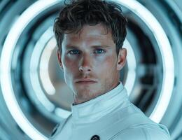 Portrait of a futuristic astronaut in a white spacesuit photo