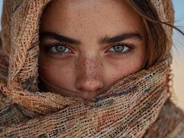 Close up portrait of a woman with freckles, wearing a burlap scarf photo