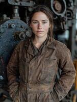 Female engineer in dirty overalls working in a factory photo