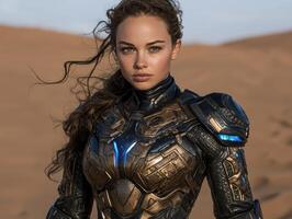 a woman in armor standing in the desert photo