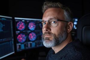 Focused male programmer working late at night on complex code photo