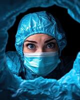 Close up of a doctors eyes peering from behind a surgical mask and protective gear photo