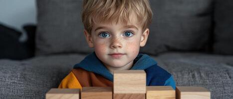 Adorable toddler with freckles playing with wooden blocks photo