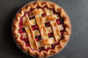 Delicious berry pie with lattice crust, top view photo