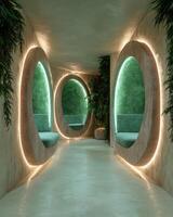Modern and stylish interior design of a hallway with green walls and circular seating areas photo