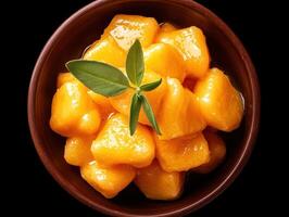 Delicious butternut squash gnocchi in a wooden bowl photo