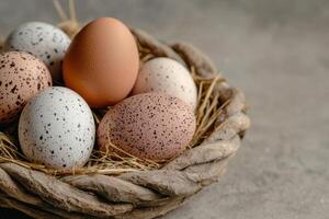 Close up of speckled and brown eggs in a rustic nest photo