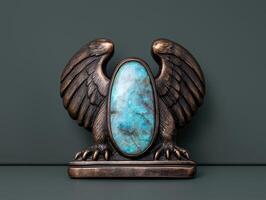 Bronze eagle statue with turquoise gemstone photo