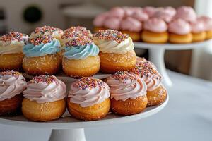 Closeup of assorted donuts with sprinkles and frosting on a white cake stand photo