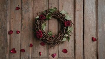 Rustic twig wreath with dark red roses and petals on wooden background photo