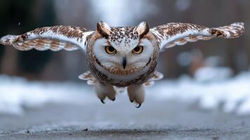 Majestic owl in flight, hunting in winter photo