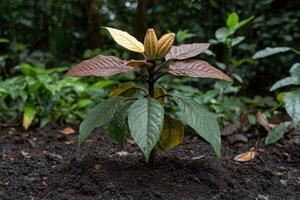 Young cacao tree seedling growing in rich dark soil photo