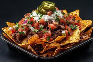 Loaded nachos with beef, jalapenos, tomatoes, onions, and sour cream photo