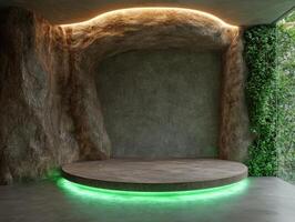 Empty round wooden podium with green neon light, surrounded by tree bark and green plants, ideal for product display photo