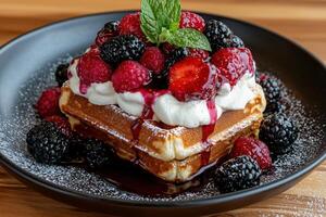 Delicious waffles with fresh berries and whipped cream. photo