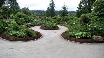 Serene garden path with flowers and landscaping photo