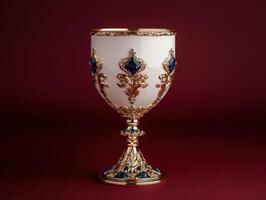 Ornate golden chalice with blue gems on a dark red background photo