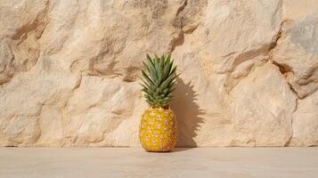 Single ripe pineapple in front of a beige stone wall photo