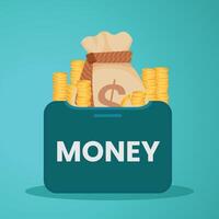 money in a wallet with coins and money in it, flat design illustration vector