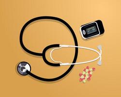 Stethoscope and pills on a yellow background vector