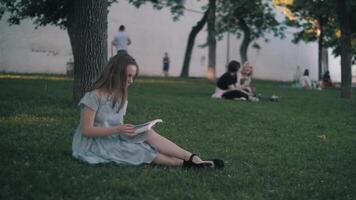 Woman in Dress Reads the Book in Sun Lights at Sunset. the Action in Real Time. video