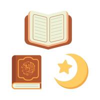 Illustration Quran, Open Book, and Crescent Moon with Star for Ramadan and Eid Designs. illustration of Islamic holy book Quran with star and crescent. vector