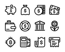 Financial Icons Set for Budgeting and Savings. collection of financial icons representing savings, transactions, and banking elements for easy understanding. vector