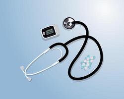 stethoscope and digital thermometer on blue background. vector
